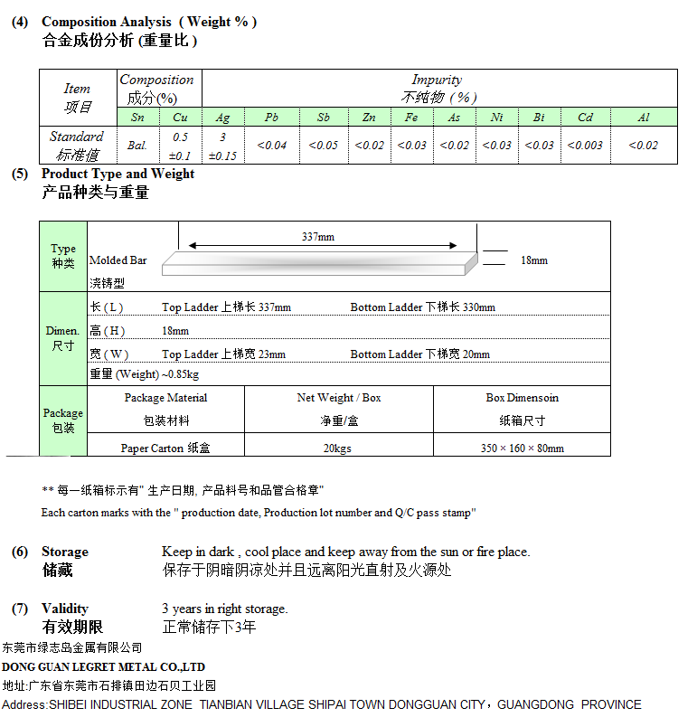 無鉛錫條 Sn96.5Ag3.0Cu0.5